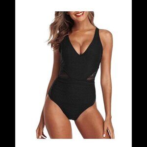 NEW Black  Crochet One Piece V-Neck Swimsuit Women's XL